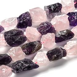 Brins bruts de perles de quartz rose naturel et d'améthyste, pépites, 14~21x13~23x8~15mm, Trou: 1.6mm, Environ 24 pcs/chapelet, 15.55 pouce (39.5 cm)