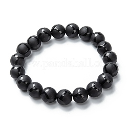 Perle di vetro smerigliato si estendono bracciali, tondo con motivo rombi, nero, perline: 9.5~10 mm, diametro interno: 2-1/8 pollice (5.5 cm)