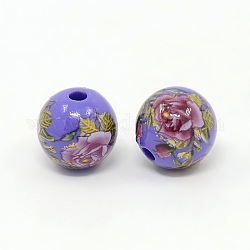 Flower Printed Opaque Acrylic Round Beads, Slate Blue, 14mm, Hole: 2mm