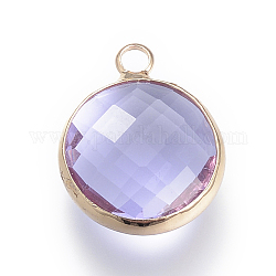 Colgantes de cristal, con fornituras de latón, facetados, plano y redondo, lila, 9.5x6.5x2.5mm, agujero: 2 mm