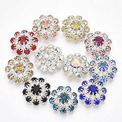Botones de vástago de latón chapado en color plateado, con diamante de imitación, 1 agujero, flor, color mezclado, 22x22x9mm, agujero: 1.2 mm