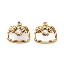 304 Stainless Steel Pave Shell Bag Charms, with ABS Imitation Pearl Beads, Real 14K Gold Plated, 13.5x14.5x4.5mm, Hole: 1.6mm