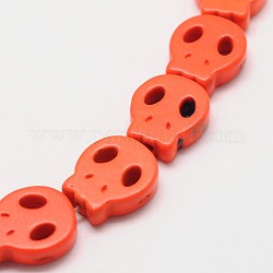 Hebras de cuentas de turquesa sintética con calavera, teñido, naranja, 28x25x4mm, agujero: 1 mm, aproximamente 14 pcs / cadena, 15.7 pulgada