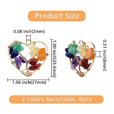 Superfindings 8 pz 2 colori cuore albero della vita pietre preziose  ciondolo cristallo di quarzo 7 chakra cristalli pietre preziose ciondoli  vita dell'albero ciondolo charms per la creazione di gioielli all'ingrosso 