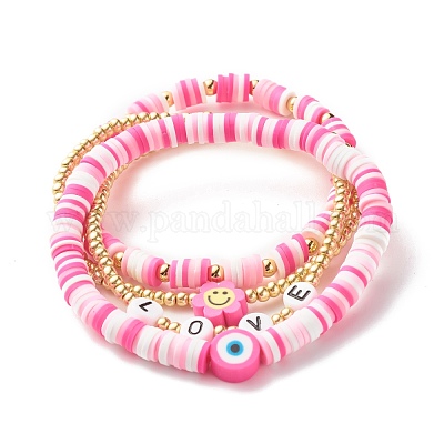 Polymer Clay Heishi Beads Bracelets Set, Natural Lava Rock Beads Stone Bracelets, Love Word Acrylic Beads Bracelets for Women Girl