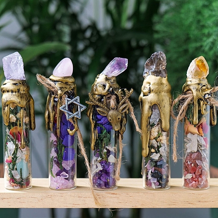 混合天然宝石チップ願いボトル  レイキエネルギーストーンのディスプレイ装飾  瞑想を癒すために  100~110mm PW-WG50330-02-1