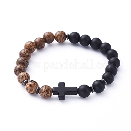 Natural Wood Beads Stretch Bracelets BJEW-JB05231-02-1