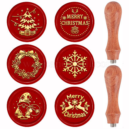 Craspire クリスマス テーマ 6 個真鍮ワックス シール スタンプ ヘッド  2本の梨の木のハンドル付き  ワックスシーリングスタンプ用  結婚式の招待状を作る  化学のテーマ模様  8個/セット AJEW-CP0001-87A-1