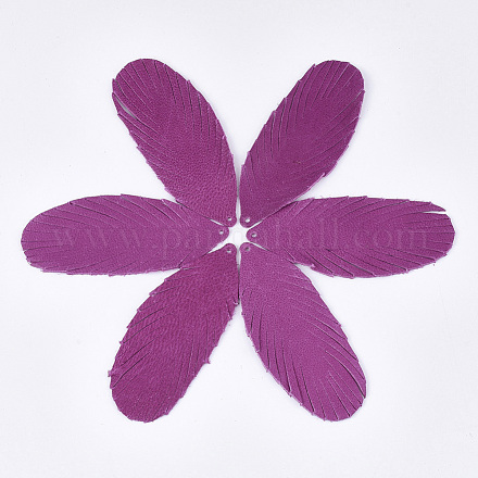 環境に優しいシープスキンレザーのビッグペンダント  羽  赤ミディアム紫  70x29x1.5mm  穴：1.5mm FIND-S301-23F-1