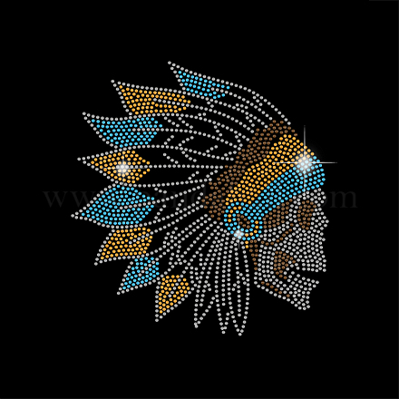 SUPERDANT Indian Skull Feathers Rhinestone Iron on Hotfix Transfer Bling DIY Decal Clear Crystal Clothing Repair Applique for T-Shirts Bag Jacket Hoodie Sweatshirt Pants Decoration DIY-WH0303-225-1