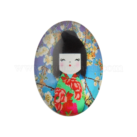 Kawaii poupées fille thème ornements décorations verre cabochons ovales à dos plat GGLA-A003-30x40-FF17-1