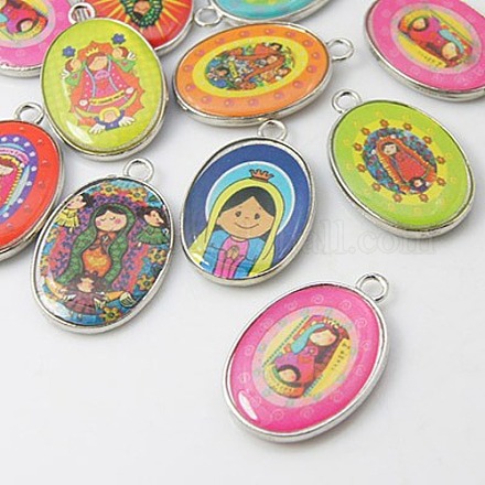 Mixed Color Oval Alloy Tempered Glass Pendants X-GLAA-C004-M-1