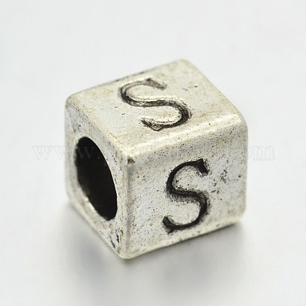Antique Silver Tone Tibetan Style Alloy Large Hole Cube with Capital Letter European Beads MPDL-E024-01-1