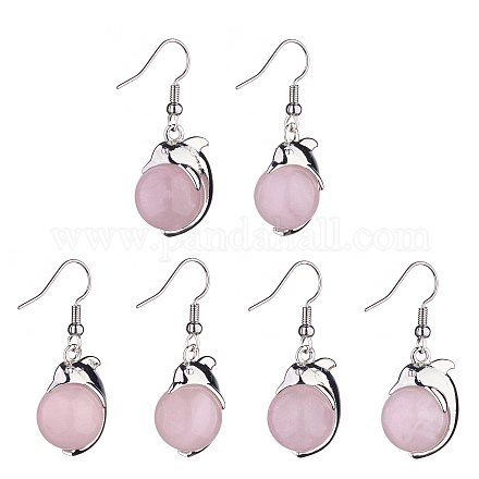 Natural Rose Quartz Dolphin Dangle Earrings with Crystal Rhinestone EJEW-A092-20P-07-1