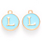 Golden Plated Alloy Enamel Charms, Cadmium Free & Lead Free, Enamelled Sequins, Flat Round, Sky Blue, Letter.L, 14x12x2mm, Hole: 1.5mm