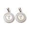 304 Stainless Steel Pendants, Flat Round Shell Charms with Letter, Stainless Steel Color, Letter T, 20.5x17.5x1.5mm, Hole: 2.5x4.5mm