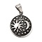 304 Stainless Steel Pendants, Flat Round Charms, with Sun and Moon and Star Pattern, Antique Silver, 33.5x27.5x5mm, Hole: 9x6mm