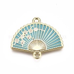 Alloy Links, with Enamel, Folding Fan with Plum Blossom, Light Gold, Dark Turquoise, 20x23.5x2mm, Hole: 1.5mm