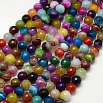 Natural Striped Agate/Banded Agate Beads Strands, Faceted, Dyed, Round, Mixed Color, 10mm, Hole:1.2mm, about 38pcs/strand, 15 inch