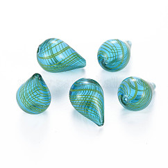 Perles de globe en verre soufflé à la main transparent, rayure, larme, turquoise moyen, 28~29.5x18.5~19.5mm, Trou: 1.2~2.2mm