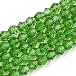 Imitación austriaco cristal 5301 bicono cuentas, Cuentas de vidrio facetado hebras, verde lima, 4x4mm, agujero: 0.8~1 mm, aproximamente 75~78 pcs / cadena, 28~29 cm