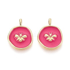 Pendenti in ottone e smalto, pepite con ciondoli a forma di insetto, vero placcato oro 16k, rosa intenso, 18x14x3mm, Foro: 3x1.6 mm