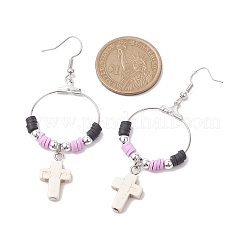 Orecchini pendenti da donna con croce di turchese sintetico e argilla polimerica&nbsp;EJEW-JE05893-02