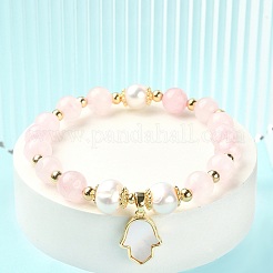 Bracelet extensible en perles de quartz rose naturel et perles&nbsp;BJEW-JB09360-02
