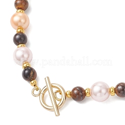 Halsketten mit 9 mm Muschelperlen und 7 mm natürlichen Tigeraugen-Rundperlen für Damen&nbsp;NJEW-JN05699