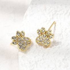 Pendientes de botón de latón con micro circonitas cúbicas transparentes y diseño de huella de pata&nbsp;EJEW-C186-04G