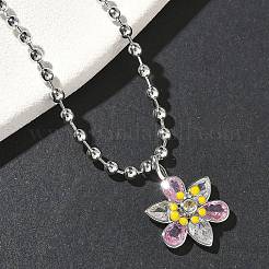 Collane con catena a sfere con pendente a forma di fiore in smalto e zirconi cubici rosa e trasparenti in ottone&nbsp;NJEW-G183-04P