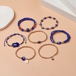 7 pièces 7 style mauvais œil au chalumeau et graine de verre et bracelets extensibles en laiton perlé ensemble pour les femmes&nbsp;BJEW-JB09249-03