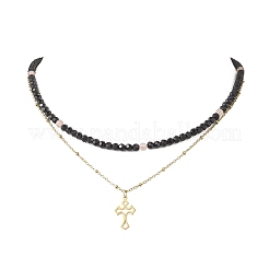 Collar con colgante de doble capa de cuentas redondas facetadas de vidrio de cuarzo cereza y cadena satelital de acero inoxidable 304.&nbsp;NJEW-JN05510-01