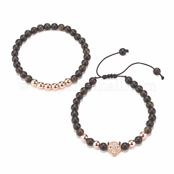 2pcs 2 bracelets de perles tressées en obsidienne naturelle et hématite synthétique serties de léopard en zircone cubique&nbsp;BJEW-JB08119