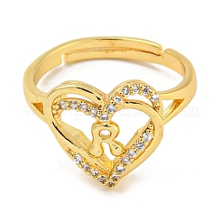 Anillos ajustables de circonita cúbica transparente con micropavé de latón chapado en forma de corazón y letras para mujer&nbsp;RJEW-I105-01G-R