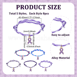 40 bracelet réglable en polyester et élasthanne avec breloque en ruban de sensibilisation violet en alliage émaillé de 5 couleurs&nbsp;BJEW-ME00009