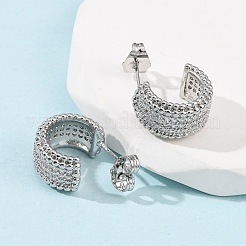 Pendientes de botón en forma de C con micropavé de latón y circonitas cúbicas transparentes&nbsp;EJEW-B153-16P