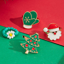 Weihnachtsthema Weihnachtsmann & Weihnachtsbaum & Handschuh Legierung Emaille & Blume Glasperlen Fingerringe Sets&nbsp;FS-WGEF6A6-01