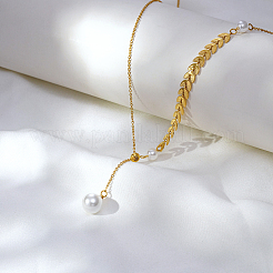 Collier élégant en acier inoxydable avec pendentif boule ronde en imitation perle et chaîne à maillons de blé pour femmes&nbsp;SK9142