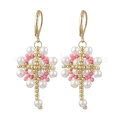 Fiore con croce orecchini in acciaio inossidabile 304 semi di vetro orecchini a leva&nbsp;EJEW-MZ00507-05