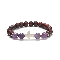 4pcs 4 bracelets extensibles en bois et pierres précieuses mixtes naturelles et synthétiques de style sertis de perles croisées en alliage pour femmes&nbsp;BJEW-TA00226