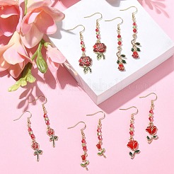 Orecchini pendenti in lega di smalto rosa a tema San Valentino con perline di vetro&nbsp;EJEW-JE05336
