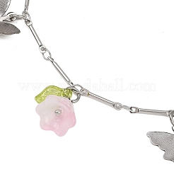 Chaîne de cheville à maillons en laiton avec breloque papillon en acier inoxydable 201 et fleur en verre peinte au pistolet&nbsp;AJEW-AN00736-01