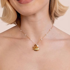 Collar con colgante de estrella de mar en acero inoxidable y concha de perla de imitación para mujer&nbsp;FX1473-2