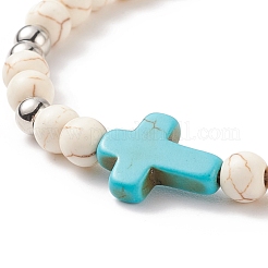Bracelet de perles tressées en magnésite synthétique avec croix turquoise synthétique (teinte)&nbsp;BJEW-TA00146-01