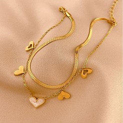Tobilleras de doble capa con borla de corazón de acero inoxidable 304 y pavé de concha blanca natural para mujer&nbsp;FS-WGA1EFA-01
