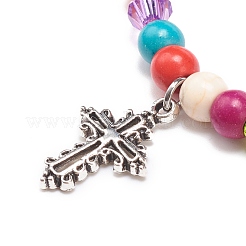 Bracelet extensible en perles synthétiques turquoise (teint) et acrylique avec breloque en alliage pour femmes&nbsp;BJEW-JB08627-06