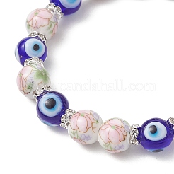Bracelets extensibles en porcelaine imprimée de fleurs faites à la main et perles de mauvais œil en lampwork faites à la main pour femmes&nbsp;BJEW-JB12105-03