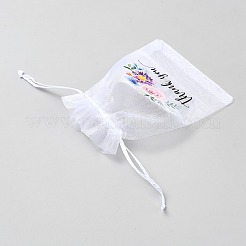 Organza-Kordelzugbeutel mit Blumendruck&nbsp;LS-OP-WH0018-01A-03