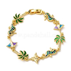 Messing-Gliederarmbänder mit Ozeanmotiv und Zirkonia und Emaille für Damen&nbsp;BJEW-F514-01B-G